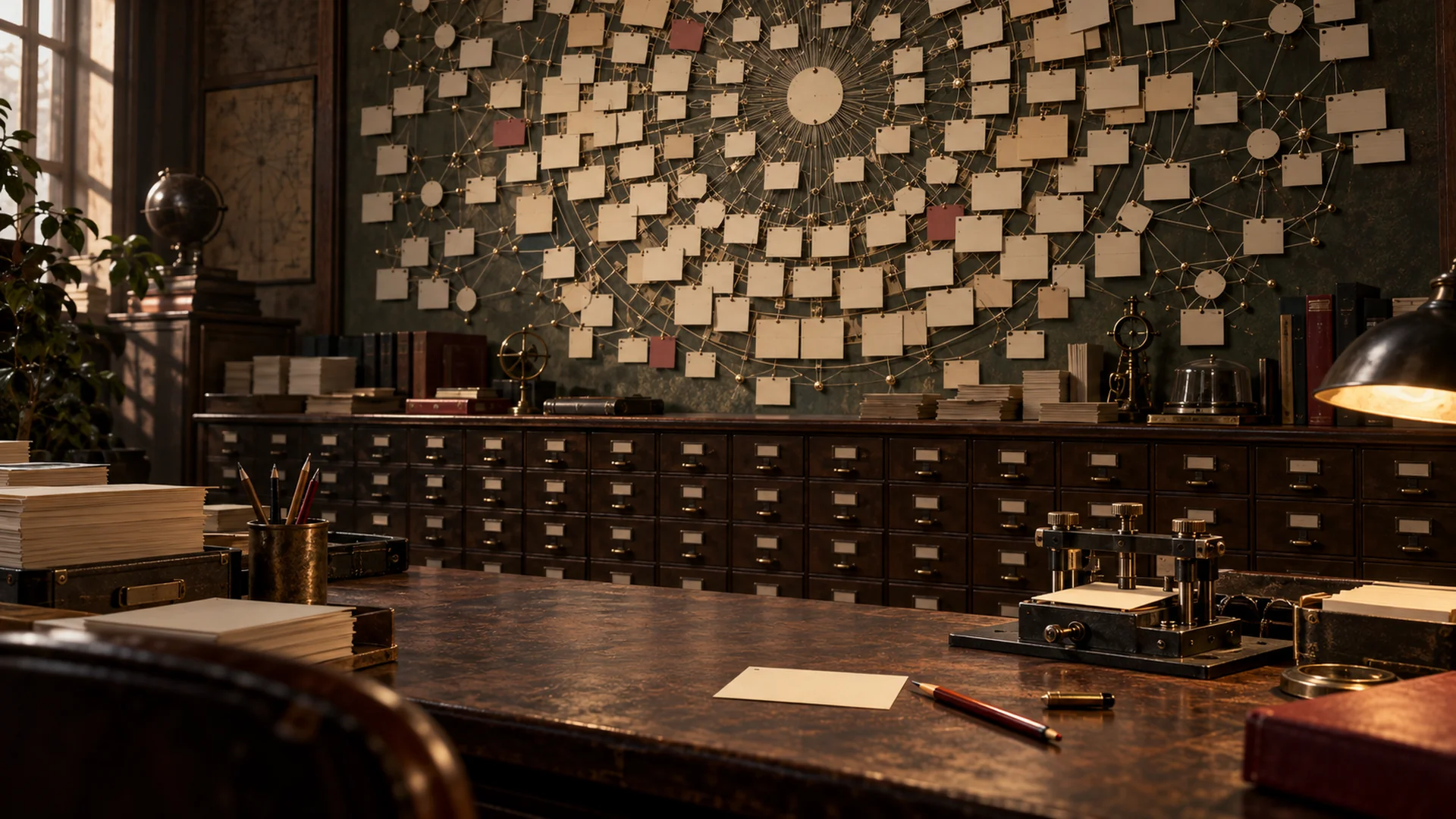 A large constellation of paper cards fills an archive wall above a desk with loose cards and a mechanical jig