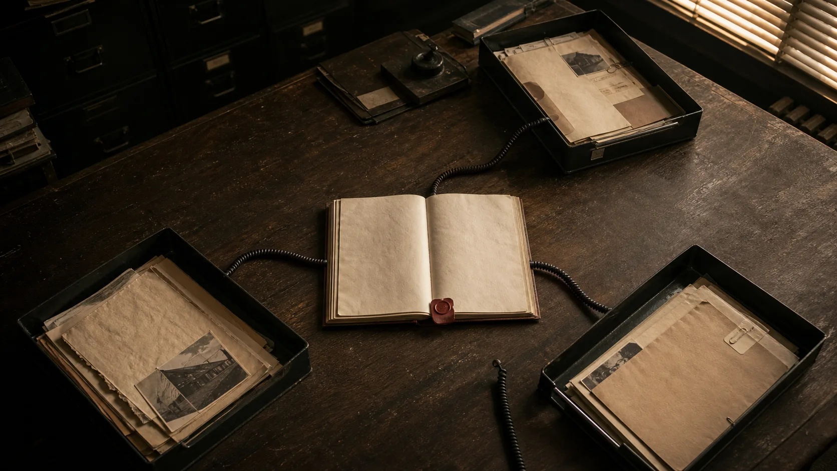 Three partial dossiers surround one shared judgment ledger