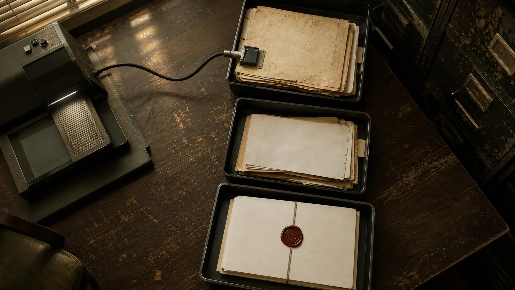 An old version is connected to the reader while the newest dossier stays in its tray