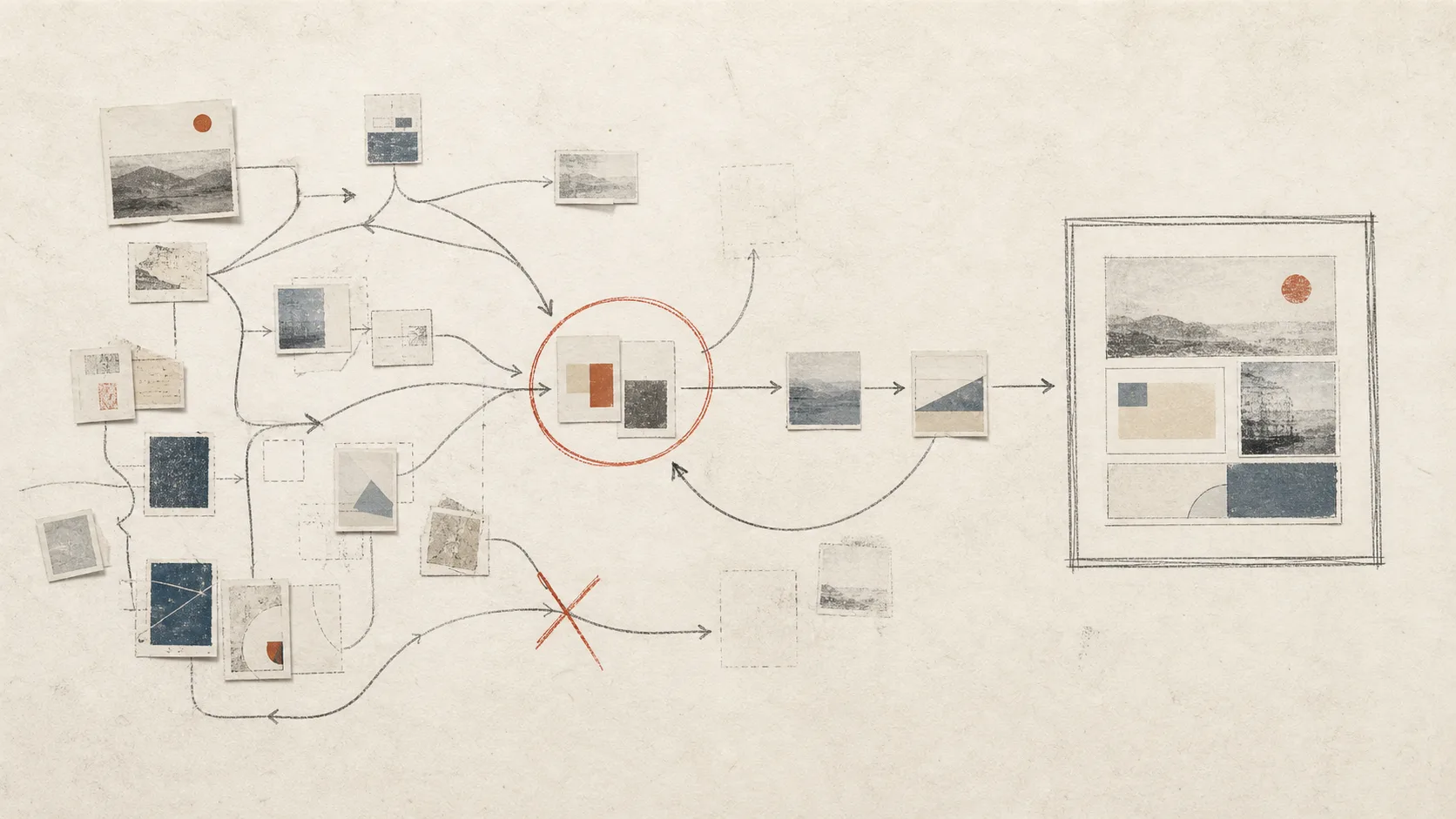 Materials, relationships, and judgments on a whiteboard diverge, return, and converge into one layout