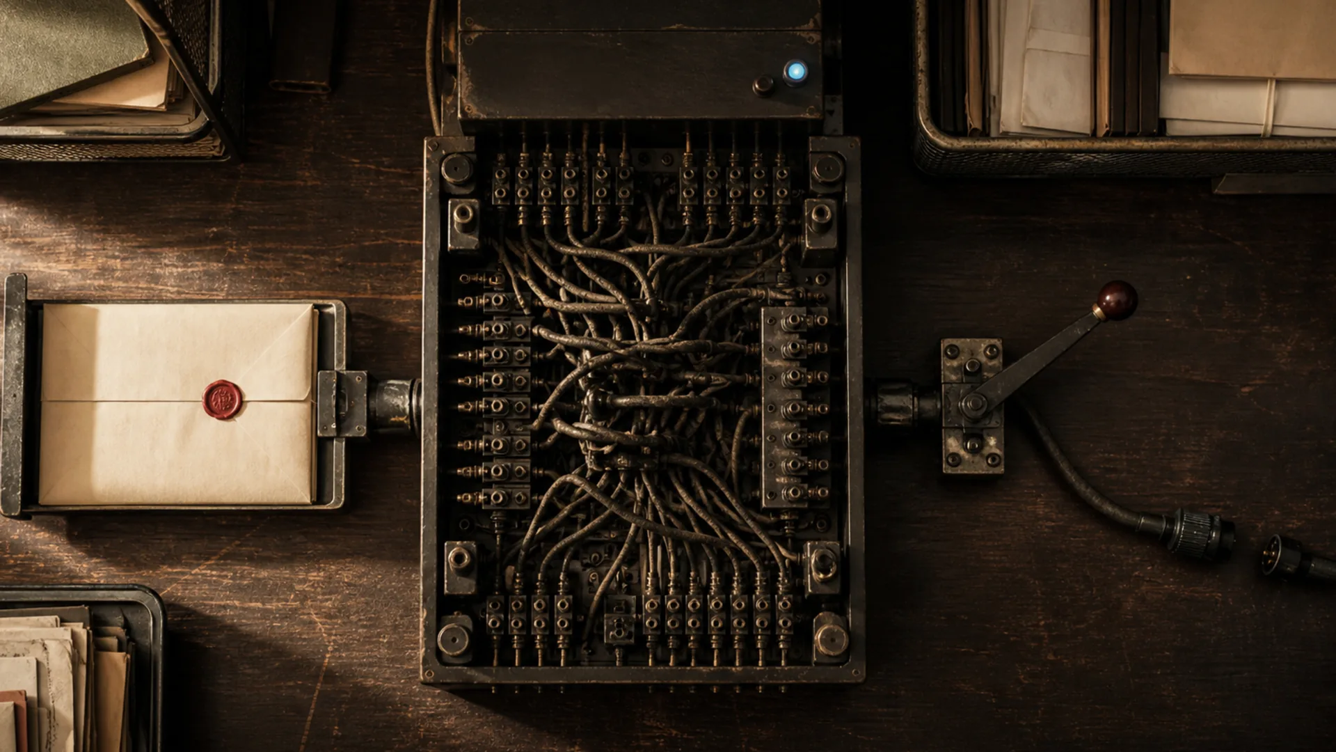 A sealed dossier enters a cable-filled processing machine, with a disconnectable lever and plug controlling the exit