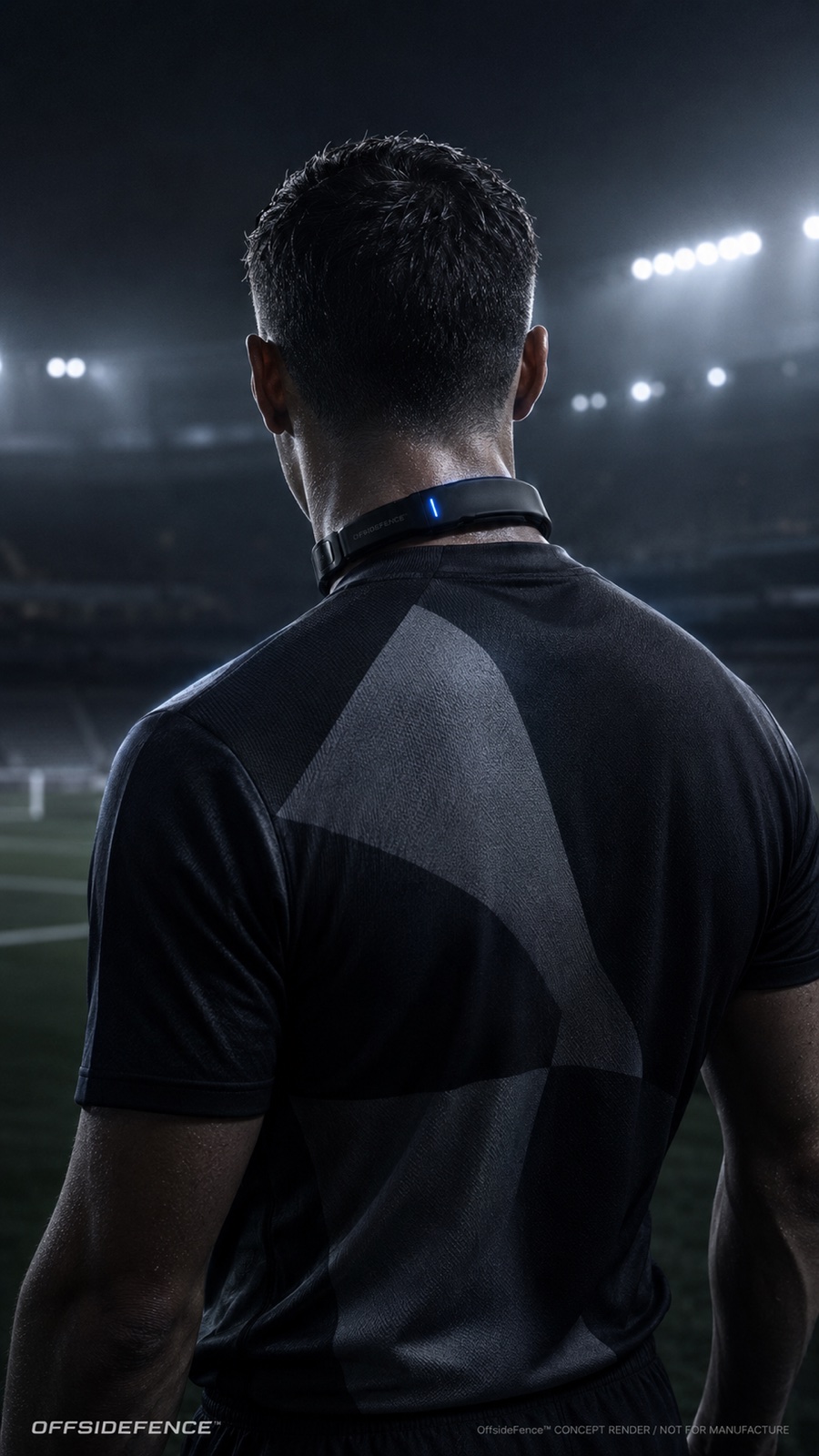 A person wearing the OffsideFence collar, full-body product lifestyle render