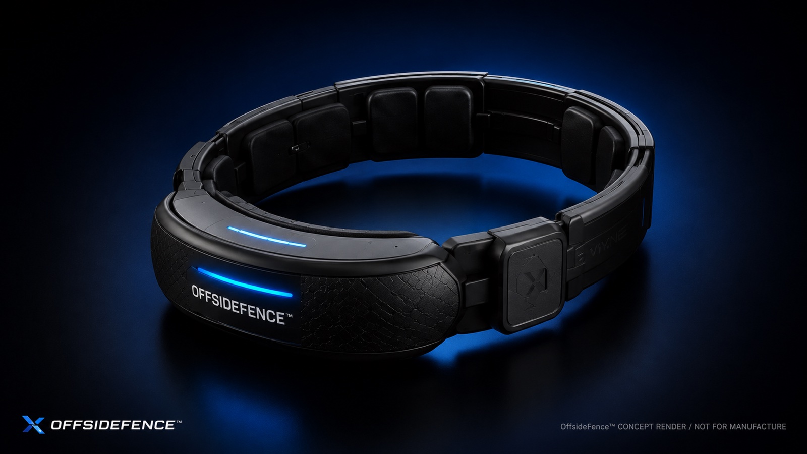 OffsideFence offside-correction collar, cold-blue restrained industrial design