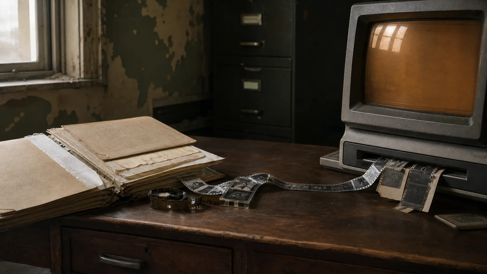 A dossier enters a terminal while its traces break apart at the connection
