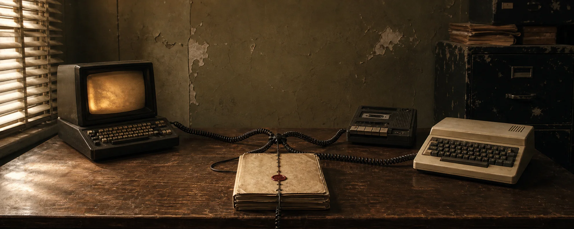 A single dossier is split by cables leading to three old machines