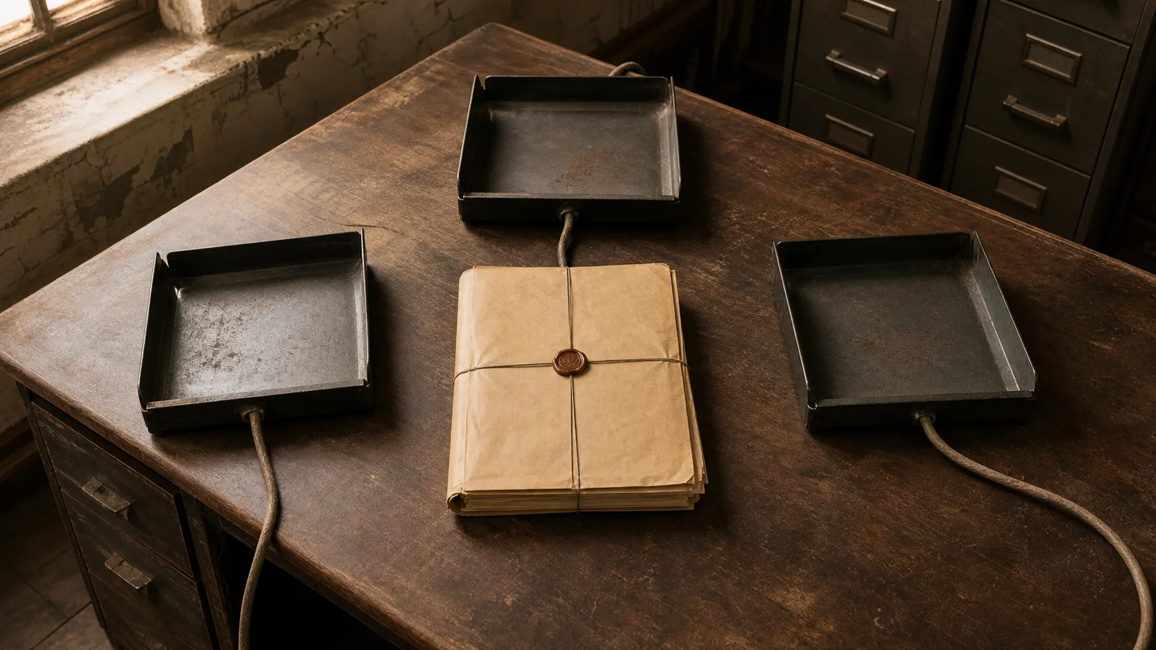 A dossier faces three empty trays and waits to be manually routed